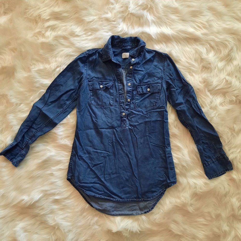 A New Day - Jean Shirt - Dark Denim 1/2 Button Up 1/2 Tunic Long Sleeve Blouse